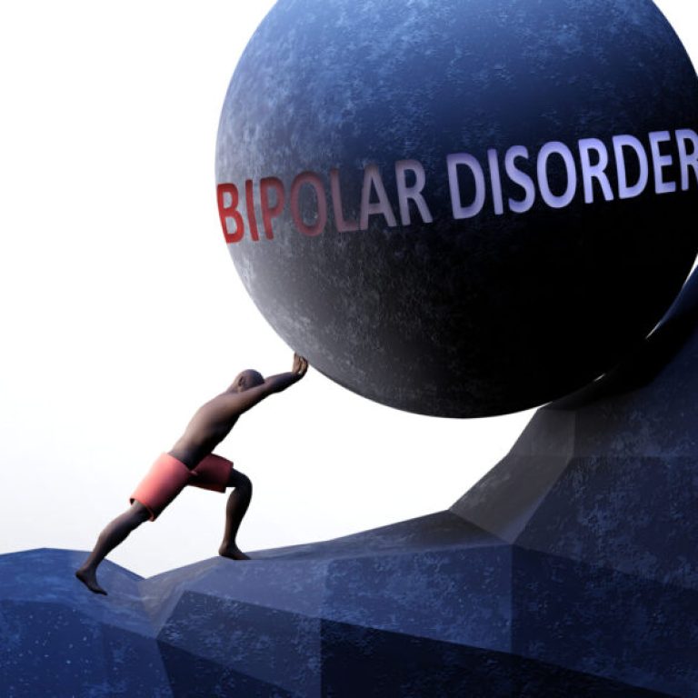 Bipolar disorder as a problem that makes life harder - symbolized by a person pushing weight with word Bipolar disorder to show that it can be a burden, 3d illustration