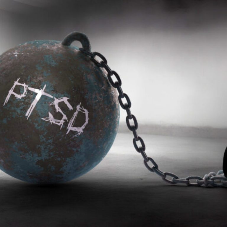 Ptsd - a metaphorical view of a woman struggle with ptsd. Trapped alone and chained to a burden of Ptsd. Constant and strenuous fight.,3d illustration