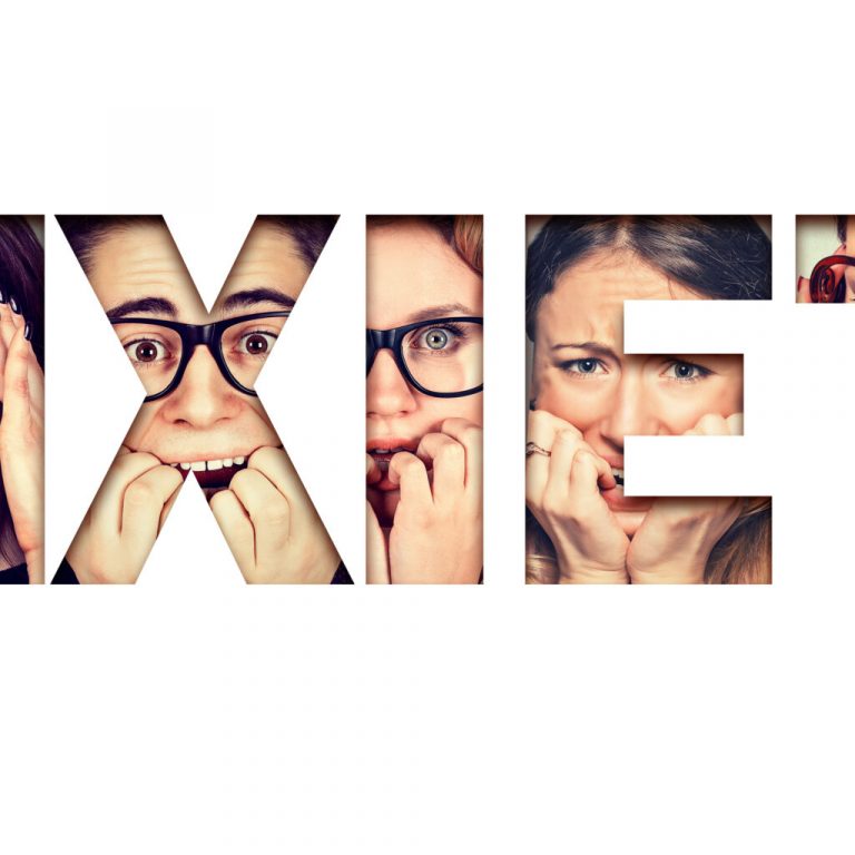 Word anxiety composed of anxious worried stressed faces of men and women