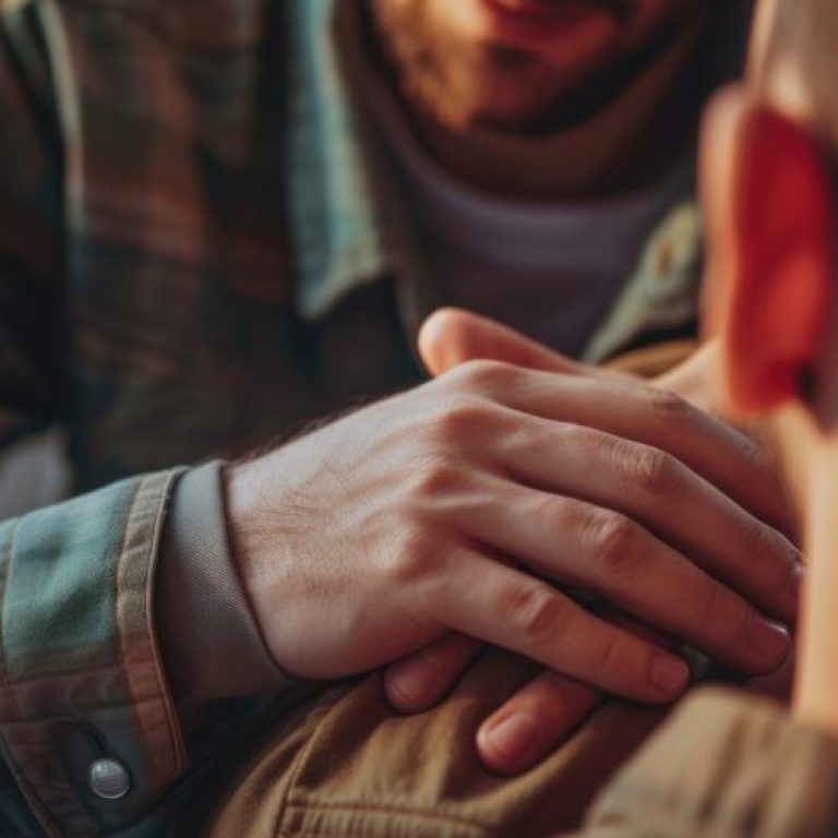 Young man offering support and solace to a friend or attendee suffering from post-traumatic stress disorder due to a traumatic life experience.